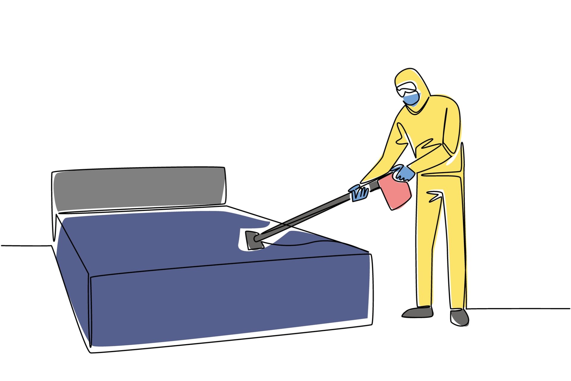 ベッドに掃除機をかけてトコジラミを駆除する業者のイラスト