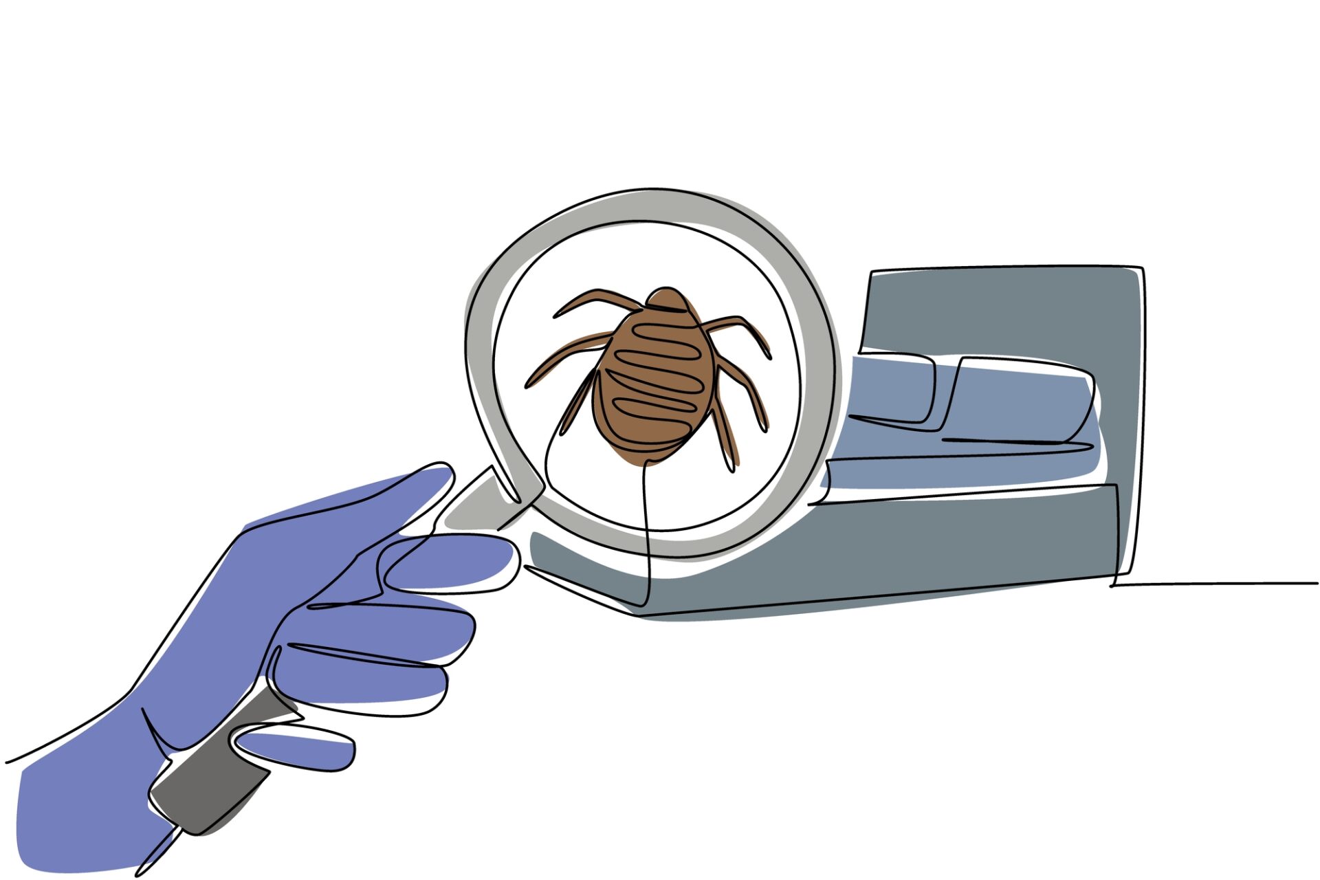 ベッドのそばでトコジラミに焦点を合わせる虫眼鏡のイラスト