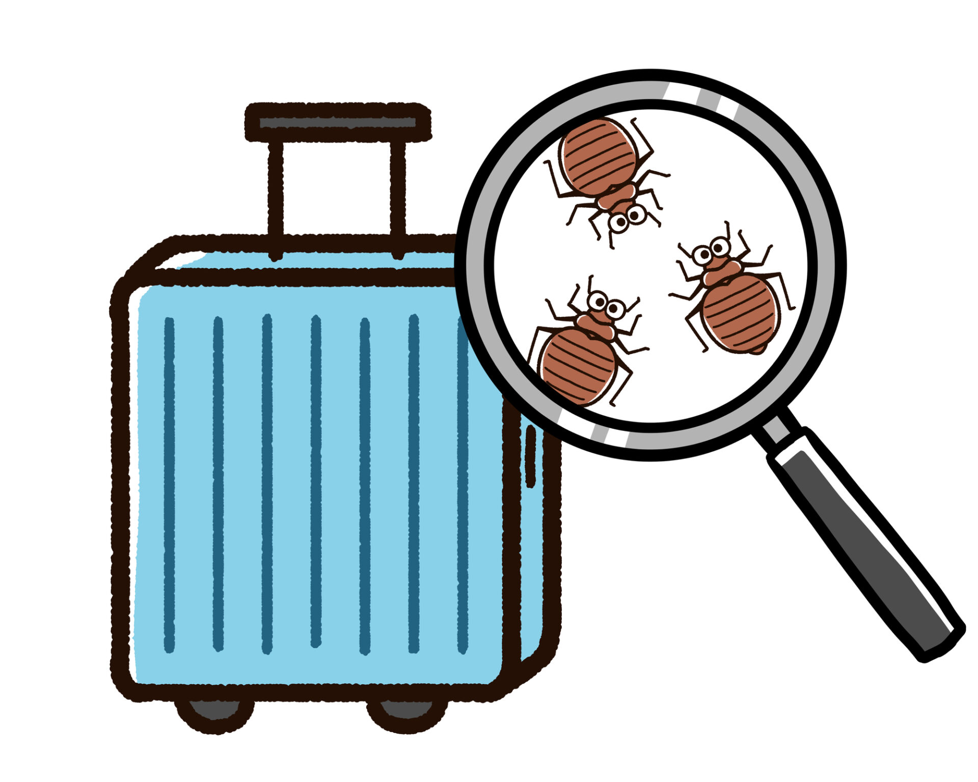 キャリーケースに複数のトコジラミが潜んでいるイラスト