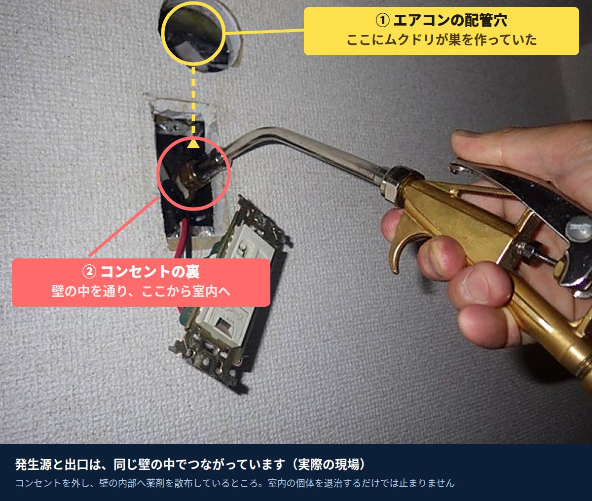 外壁側が塞がれていないエアコンの配管穴と、室内側のコンセント。壁の中を通って室内へ出てくる経路