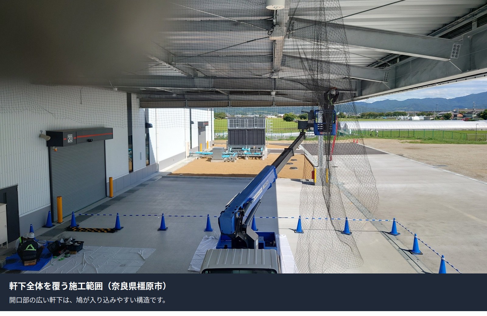 搬入・搬出口の庇下に設置した防鳥ネットの施工範囲(奈良県橿原市・7,200㎡)